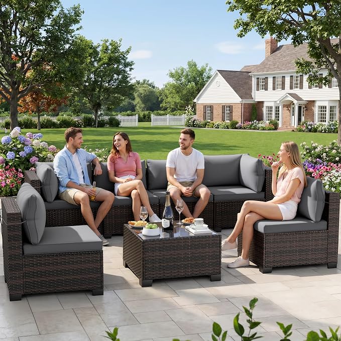 LEVELEVE 7-Piece Outdoor Patio Furniture Sets, Manual Weaving Rattan Conversation Sectional Sofa with Tempered Glass Coffee Table, All-Weather PE Wicker & Thick Cushions for Garden, Backyard, Porch