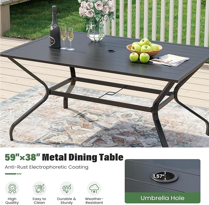 UDPATIO 7 Piece Patio Dining Set for 6, Patio Outdoor Table and Chairs, 59"×38" Black Table with Umbrella Hole, Gray Patio Chairs Set of 6, Patio Outdoor Dining Set for Lawn, Backyard, Deck