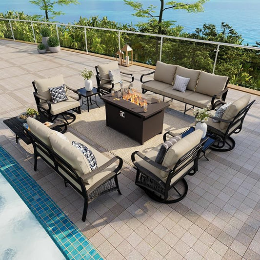 10-Piece Outdoor Furniture Set, Metal Swivel Rocking Chairs with All-Weather Cushions, Patio Conversation Set with Fire Pit Table for Deck, Porch, Garden, Backyard, Poolside (Beige Cushions)