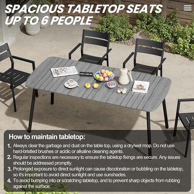 Grey Outdoor Dining Table for 6, 70" Rectangle Patio Table | 1.6" Umbrella Hole with Aluminum Frame and Waterproof Wood Grain Tabletop for Lawn Backyard Garden Poolside