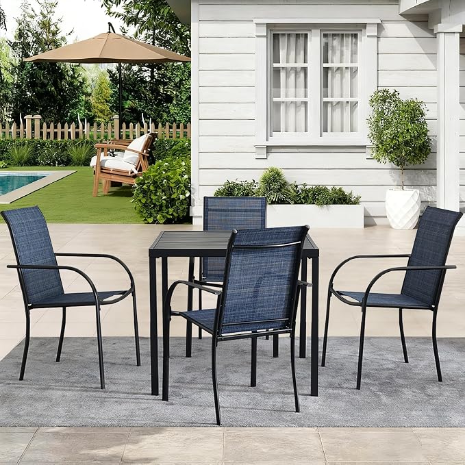 5-Piece Outdoor Dining Set, 35.5" Square Metal Patio Table with Dark Blue Chairs, Black Table with Umbrella Hole for Garden, Yard, Patio