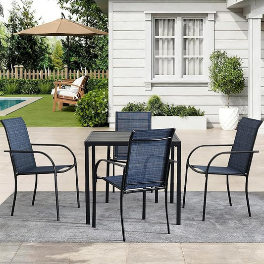 5-Piece Outdoor Dining Set, 35.5" Square Metal Patio Table with Dark Blue Chairs, Black Table with Umbrella Hole for Garden, Yard, Patio