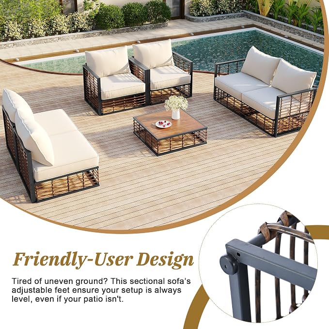 7-Piece Metal Patio Sectional Sofa Set, Free Combination Sofa Set with Coffee Table, All-Weather Garden Conversational Furniture Set with Thick Cushions and 8 Pillows (Dark Gray Frame+Beige Cushion)