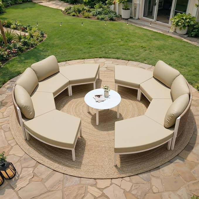 Crestlive Curved Patio Furniture Set, Modular Half Moon 8-Seater Sofa with Round Coffee Table, Aluminum Outdoor Sectional with 4.3" Cushions, All-Weather Couch for Backyard, Deck, Porch, Poolside