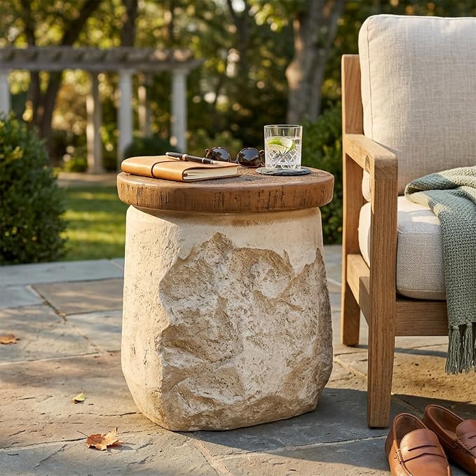 LUMISOL Outdoor Side Table, Modern Organic MGO Accent End Table for Patio, Living Room, Beige Tone-Effect Base with Faux Wood Grain Top