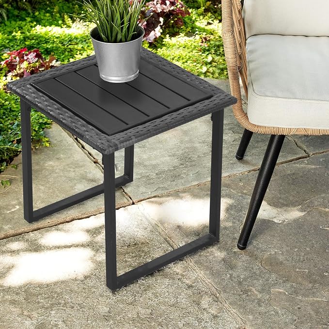 Outdoor Patio Side Tables Set of 2, 2PCS PE Wicker Outside Coffee Table for Porch, Yard, Balcony, Black Frame Patio End Table