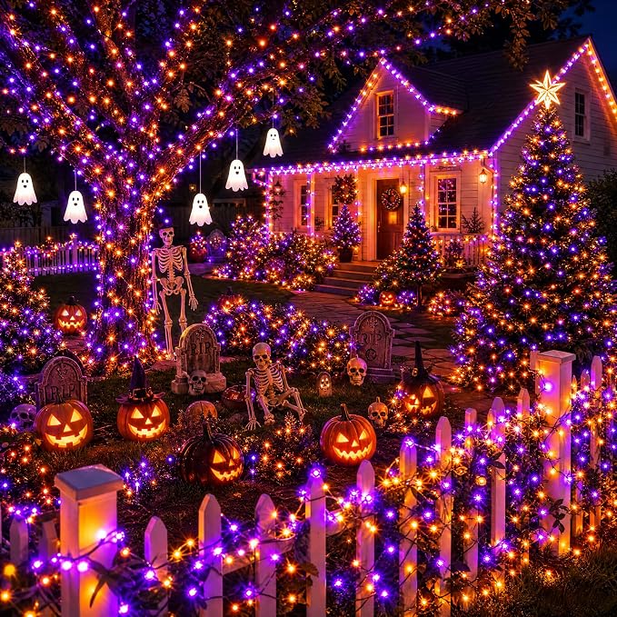 DAZZLE BRIGHT Halloween 300 LED String Lights, 100FT String Lights with 8 Lighting Modes, Halloween Decorations for Party Carnival Supplies, Outdoor Yard Garden Decor (Purple & Orange)