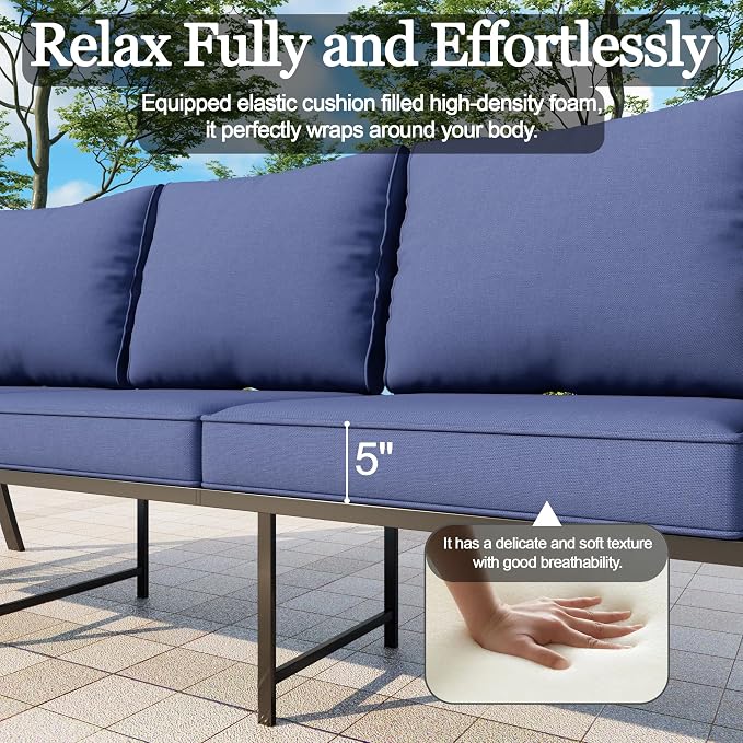 4 Pieces Outdoor Furniture Set, Patio Conversation Set with Swivel Rocking Chairs Sets and 3-Seater Couch Sofa for Deck, Porch, Garden, Backyard, Poolside (Blue Cushions)