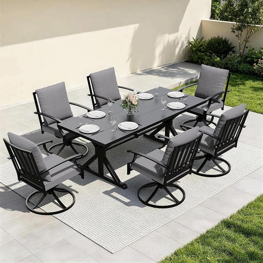 7 Pieces Outdoor Patio Dining Set,Patio Table and Chairs Metal Outdoor Patio Furniture Set with Umbrella Hole,Dining Table Set with 6 Swivel Chairs for Deck,Backyard and Garden,Grey