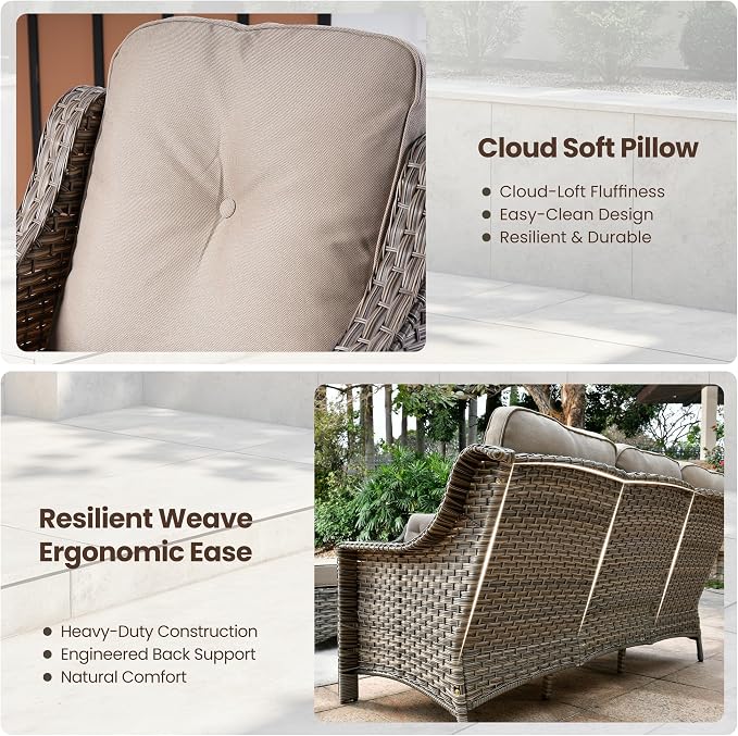 4 Piece Outdoor Patio Furniture Set, All Weather Waterproof Wicker High Back Conversation Set, Two Single Chairs, Solar Light Coffee Table, Outside Furniture for Porch Balcony, Beige