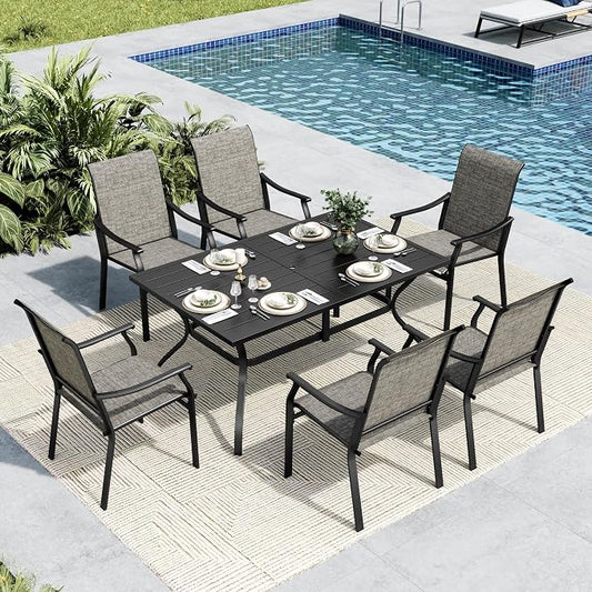 MFSTUDIO Patio Table and Chairs Set, 7 PCS Outdoor Dining Set with 6 Patio Dining Chairs and 1 Heavy Duty Metal 60" Table for 6, All Weather Resistant Patio Furniture, Grey