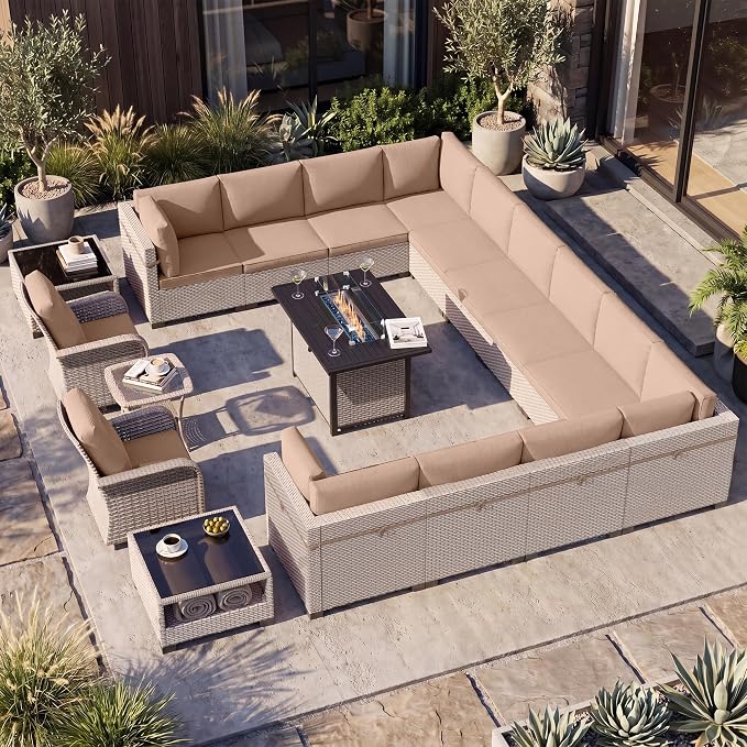 Patio Furniture Set, 18-Piece Outdoor Sectional Sofa with Swivel Rocker Chairs & Fire Pit Table, Wicker Patio Conversation Set with Coffee Table, Khaki Cushions