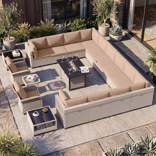 Patio Furniture Set, 18-Piece Outdoor Sectional Sofa with Swivel Rocker Chairs & Fire Pit Table, Wicker Patio Conversation Set with Coffee Table, Khaki Cushions