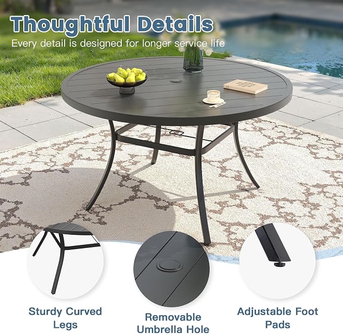 DIFY 7 Pieces Outdoor Dining Set for 6, 50" Round Dining Table with Umbrella Hole & Wicker Stackable Patio Chairs with Cushions, Metal Patio Table and Chairs Set for Backyard Porch Garden, Black