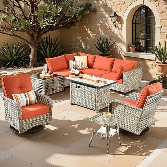 Outdoor Sectional Patio Furniture Set,9 Pieces All Weather Rattan Wicker Conversation Sets with Fire Pit,Out Door Furniture with Swivel Chairs Glowing Coffee Table,Orange Red