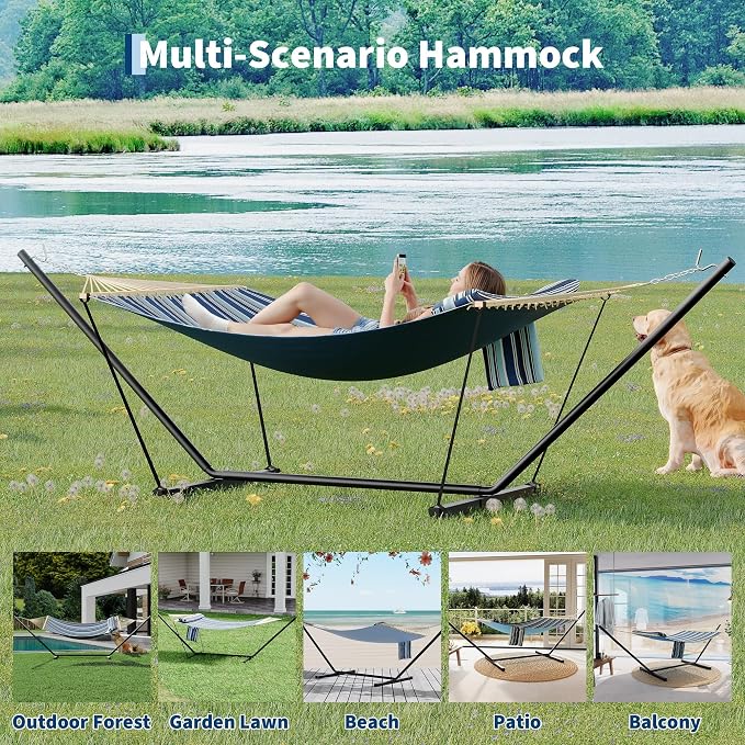Freestanding Hammock with Heavy Duty Steel Stand, 450 LBS Weight Capacity Double Quilted Hammock Bed with Head Pillow & Side Storage Pocket, Blue for Patio Garden Backyard Beach