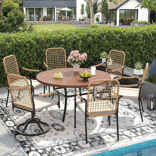 DIFY 7 Pieces Outdoor Dining Set for 6, Patio Furniture Set of 6 Wicker Patio Chairs with Soft Cushions and 50" Walnut Round Metal Table with Umbrella Hole, for Backyard Garden Deck, Wheat Rattan