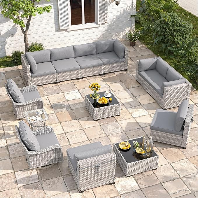 10-Seat Modern Patio Furniture Set with Swivel Rocking Chairs, Thick 4″ Cushions, Dual-Strand Wicker Rattan, Rust-Resistant Steel Frame – Outdoor Conversation & Modular Sectional,Gray