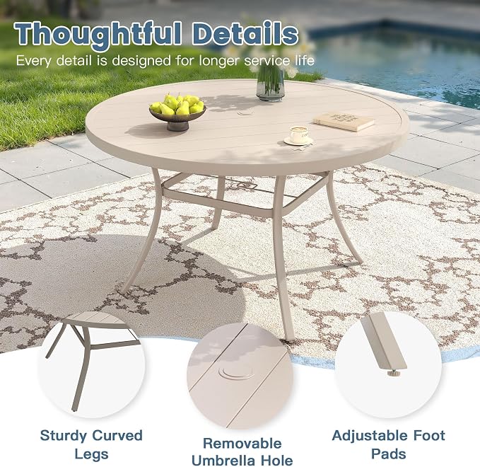 DIFY Outdoor Dining Set for 6, 7 Piece Patio Table and Chairs Set, Swivel Patio Dining Chairs with Textilene Fabric & 50" Round Metal Dining Table with Umbrella Hole, for Garden Backyard, Sandshell