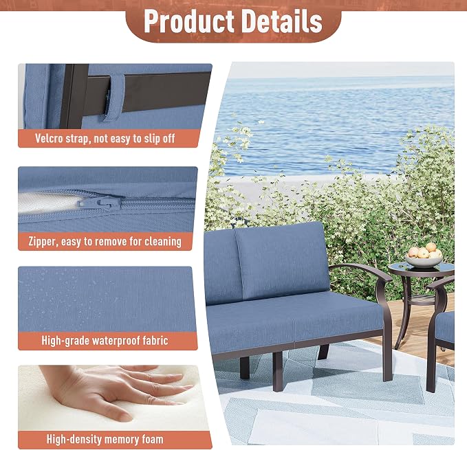 Kurapika Aluminum Patio Furniture Set 7-Seat Modern Metal Outdoor Conversation Sets w/45in Propane Fire Pit Table, Swivel Rocking Chairs Patio Sectional Sofa w/5.1 Inch Cushion, Navy Blue