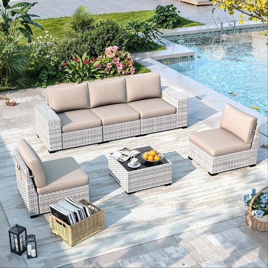 6 Piece Outdoor Wicker Sectional Sofa Set, 5-Seats Patio Furniture Conversation Set with 4" Thickened Cushions & Coffee Table, All-Weather PE Rattan for Garden, Backyard, Porch, Beige