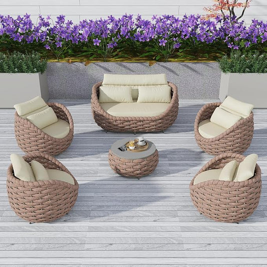 TWT 6-Piece Aluminum Patio Furniture Set, Olefin Rope Modern Outdoor Conversation Set Sectional Sofa with Water Repellent Thick Cushions and Coffee Table for Balcony, Garden, Light Brown