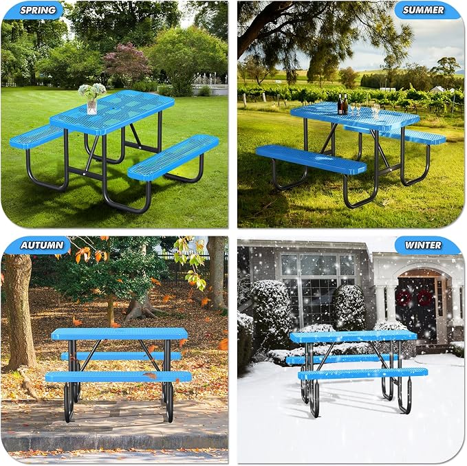 Ceridwen Heavy Duty Picnic Table with 2 Benches, Expanded Metal Steel Mesh Outdoor Patio Dining Table Bench Set with Umbrella Hole,Outdoor Patio Dining Table for Garden (Rectangular, Blue, 4FT)