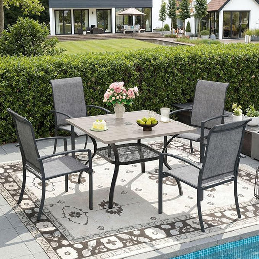 DIFY 5 Pieces Outdoor Dining Set, Metal Patio Table and Chairs Set for 4 with Umbrella Hole, 37.8" Square Dining Table and Textilene Stackable Patio Chairs for Garden Backyard Poolside, Grey Wood-Like