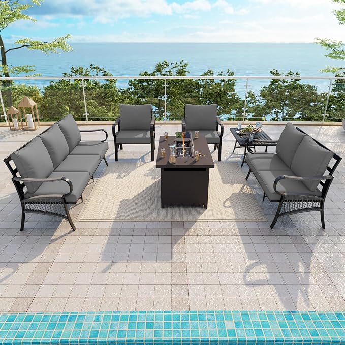 6-Piece Outdoor Furniture Set, Patio Conversation Set Include 3-Seater Sofa Single Chairs Loveseat Couch with Coffee Table and Fire Pit Table for Deck, Porch (Gray Cushions)