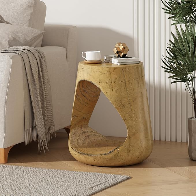 Lightweight Concrete Outdoor Side Table,Hollow Outdoor End Table, Wood-Like Texture Modern Small Accent Table for Patio Garden Balcony Porch Antique Natural 16.75" H