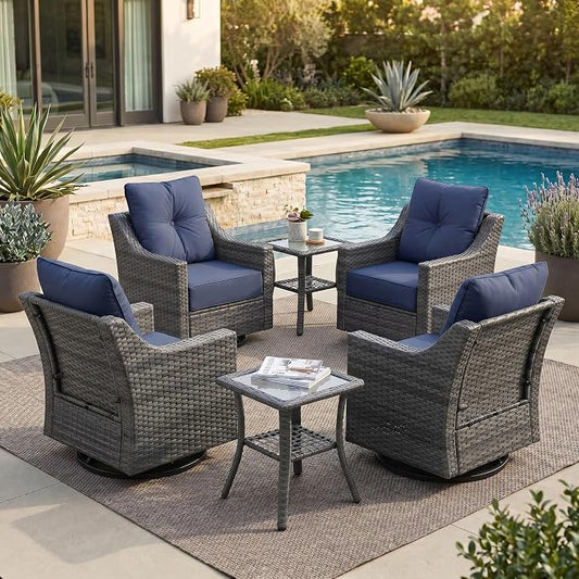 6-Piece Outdoor Patio Furniture Set, Grey Wicker Conversation Set with 4 Swivel Chairs and 2 Side Tables, 6-Inch Blue Cushions for Porch, Deck, Backyard