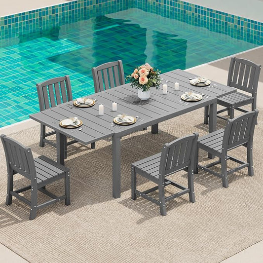 SERWALL Outdoor Patio Dining Set for 6, Grey | 60" - 83" Expandable Outdoor Dining Table and 6 HDPE Chairs, All Weather Material Outdoor Furniture Set Backyard, Garden