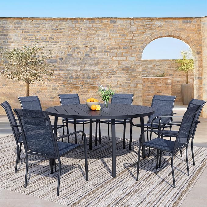 9 Pieces Patio Dining Set for 8, Dark Blue Patio Stackable Chairs and Black Round Table Set of 8, Outdoor Furniture Set with Sling Support for Outside, Garden
