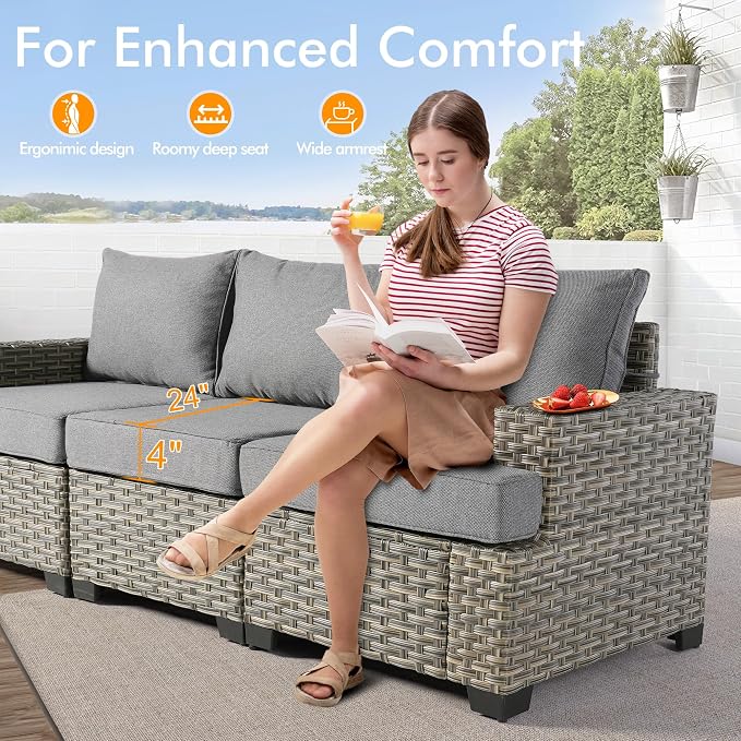7 Pcs Outdoor Sectional Patio Furniture Set with Fire Pit Table - All Weather Wicker Modular L Shaped Outside Sectional Couch,Patio Seating Outdoor Conversation Sets for Deck Yard Garden,Dark Grey