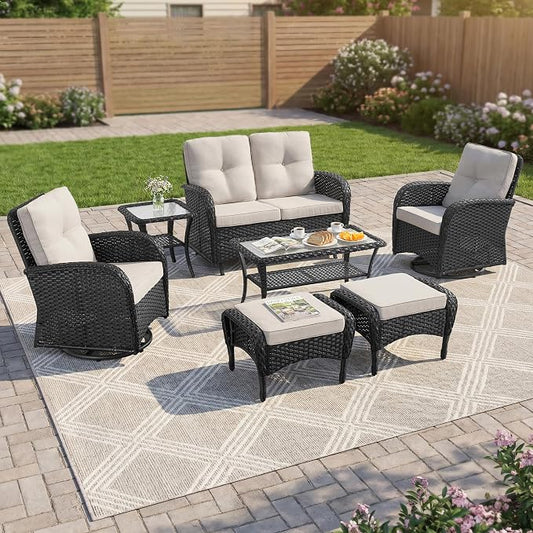 7 Piece Patio Furniture Set - Wicker Patio Conversation Set with Swivel Glider, Glider Loveseat, Tempered Glass Side Table and 2 Ottomans for Deck Backyard - Black Wicker Beige Cushion