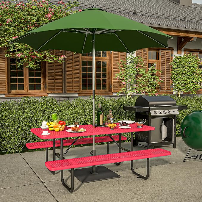 72'' Rectangular Metal Picnic Table with 1.73" Umbrella Hole, Heavy-Duty Commercial Grade Steel Mesh Table Set, Weather Resistant Sturdy for Outdoor, Smooth Round Corner Design, Red