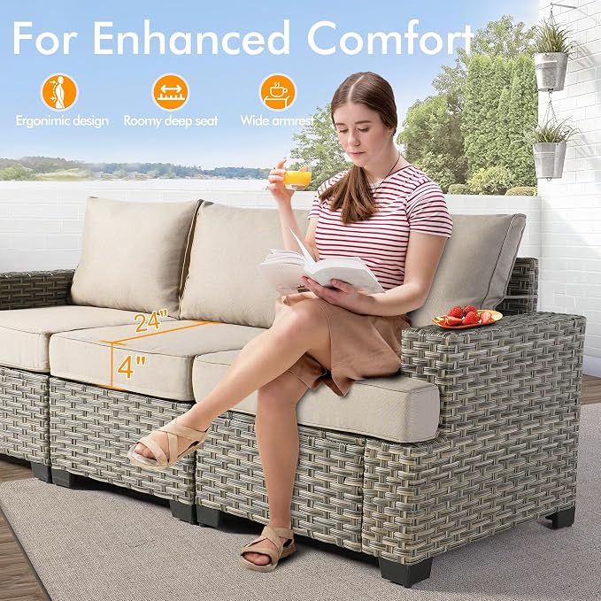 10 Pcs Outdoor Sectional Patio Furniture Set with Fire Pit Table - All Weather Wicker Modular Outside Sectional Couch,Patio Seating Outdoor Conversation Sets for Deck Yard Garden,Beige