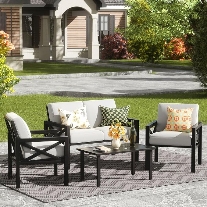 NATURAL EXPRESSIONS Outdoor Patio Furniture 4 Pieces Set, Modern Patio Conversation Sets, Outdoor Sectional Metal Sofa with 5.5 Inch Cushion and Coffee Table for Balcony, Garden
