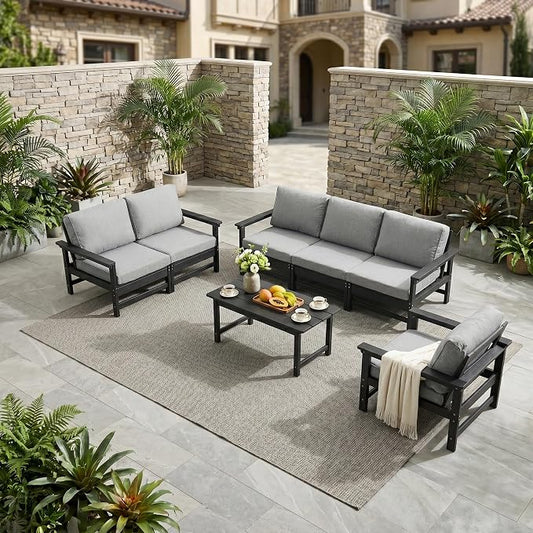 Outdoor Patio Furniture Set, Modular HDPE Conversation Set with 3-Seater Sofa, Loveseat, Armchairs & Large Coffee Table, All-Weather Patio Seating with Cushions