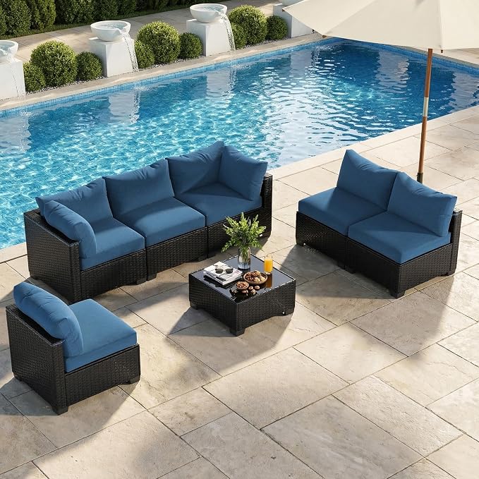 Patio Furniture Set 7 Pieces Conversation Set Wicker Outdoor Sectional Sofa,Ergonomic Armrests Couch with Cushion and Glass Table (Black-Peacock Blue, 7 Piece-Single)
