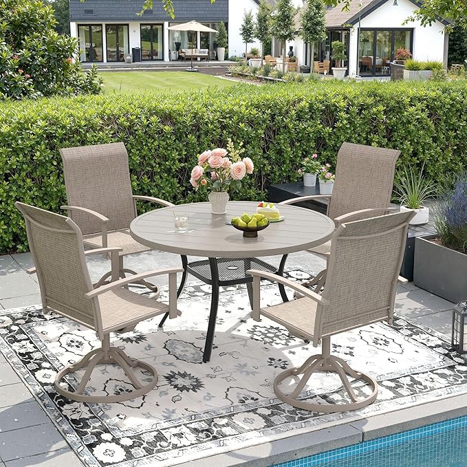 DIFY 5 Pieces Outdoor Dining Set for 4, 40.6" Grey Wood-Like Round Metal Table with Umbrella Hole and Sandshell Textilene Swivel Patio Chairs, Patio Table and Chairs Set for Garden, Backyard, Poolside