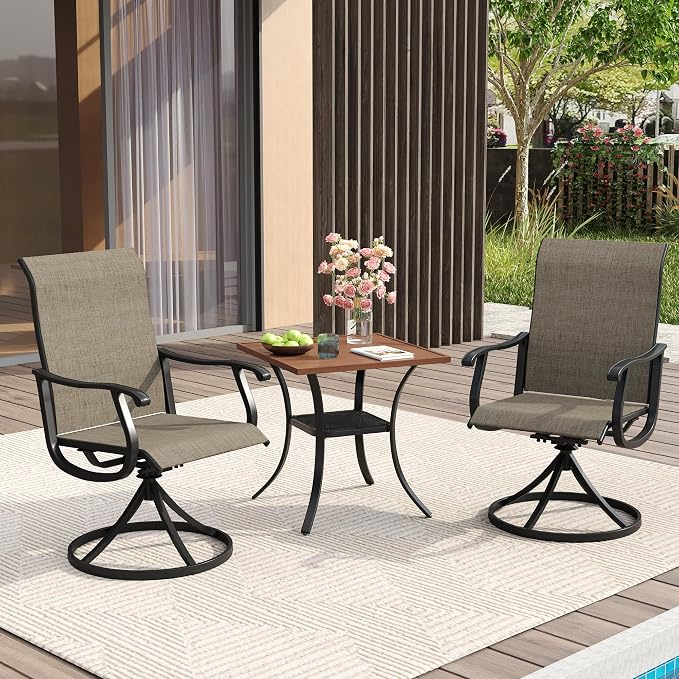 VICLLAX 3 Pieces Patio Dining Set for 2-28" Square Small Outdoor Table and 2 Patio Swivel Chairs for Lawn Garden, Walnut Tabletop and Mixed Brown Fabric