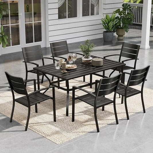 Sophia & William Patio Dining Set Metal Outdoor Table and Chairs Furniture Set 7 Piece, Large 60.2" Dining Table with Umbrella Hole and 6 Backyard Garden Chairs Support 300LBS for Deck, Lawn, Garden