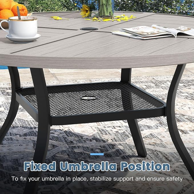 DIFY 7 Piece Outdoor Patio Dining Set for 6, 47.2" Round Dining Table with Umbrella Hole and Stackable Metal Chairs, Patio Table and Chairs Set for Backyard Garden Poolside, Grey Wood-Like & Sandshell