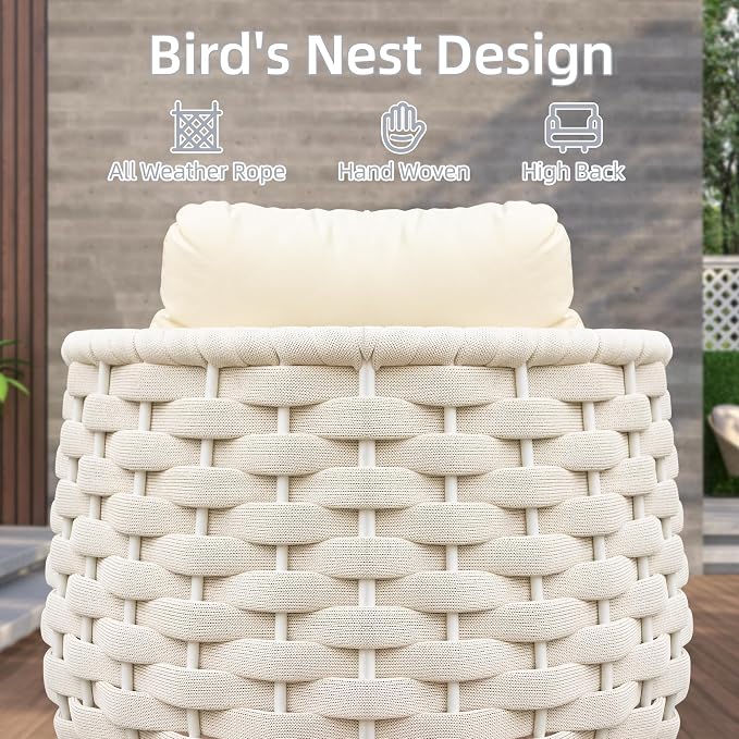TWT 3 Pieces Aluminum Patio Furniture Set, Hand Woven Polyester Rope Modern Outdoor Furniture w/Washable Cushion and Rock Slab Tabletop, Conversation Sofa Set for Livingroom Poolside Balcony (Beige)