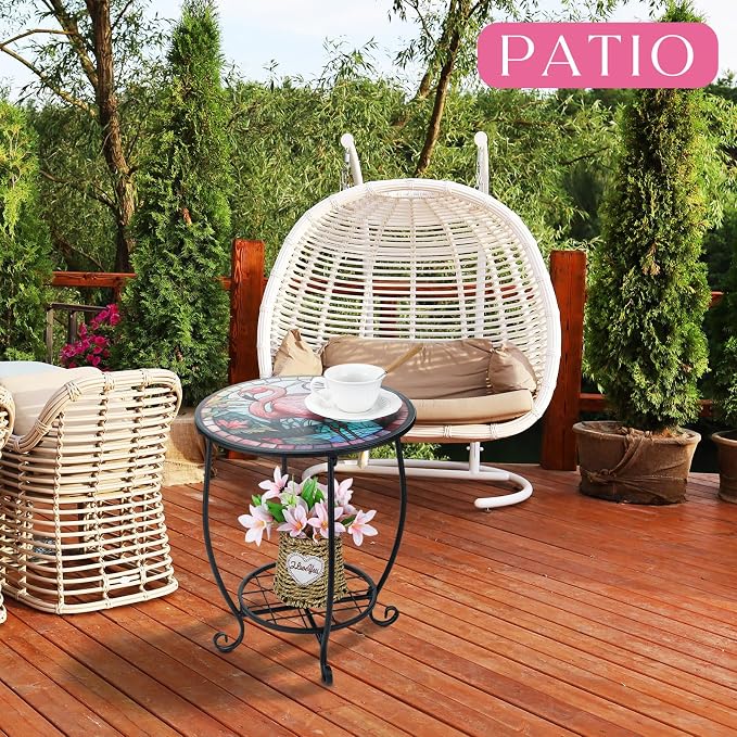 Cinnvoice Outdoor Side Table Round Small Mosaic Patio Accent Indoor End Plant Coffee Tea Table for Yard Patio Porch Garden Living Room, Bedroom(Flamingo Style,14 Inch)