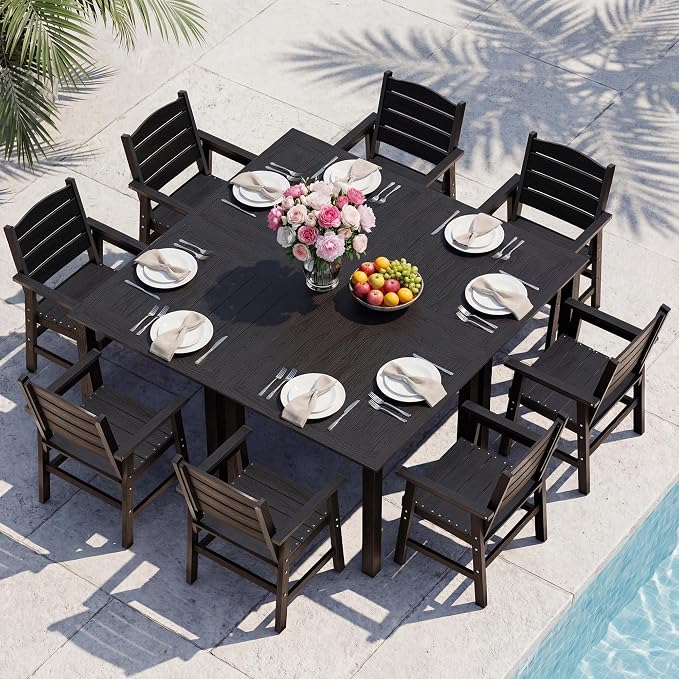 YEFU HIPS Patio Dining Set for 8 : Modern Outdoor Table and Chairs Easy Clean Outdoor Dining Set - 12-Piece Waterproof All-Weather Easy Assembly Furniture for Backyard Garden Deck（Black）