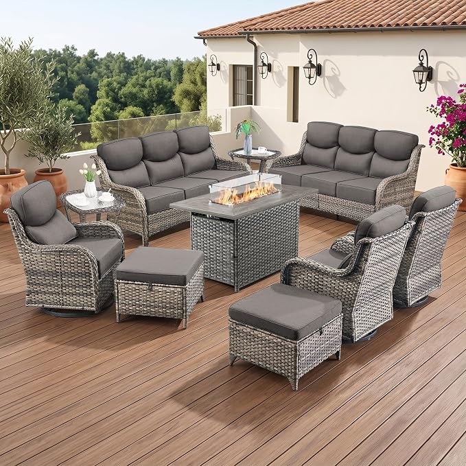 Luxury 6" Thick Cushion 9 Pieces Wicker Patio Furniture Set with 41”Fire Table, Outdoor Conversation Set with Patio Couch and Swivel Rocker Chairs for Deck Porch Yard and Poolside