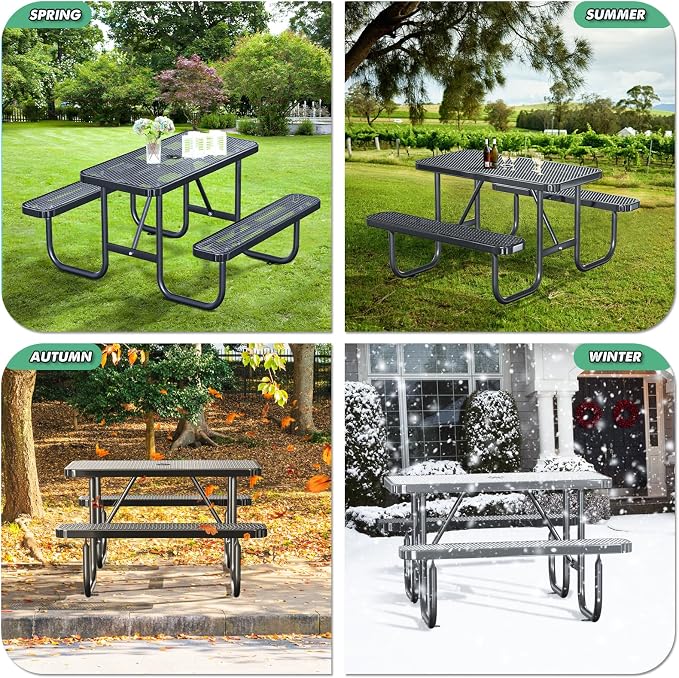 4FT Rectangular Outdoor Picnic Table with Attached Benches, Heavy-Duty Expanded Metal Mesh Patio Table, Commercial-Grade Outdoor Seating for Park, Backyard, Deck, Lawn, Black
