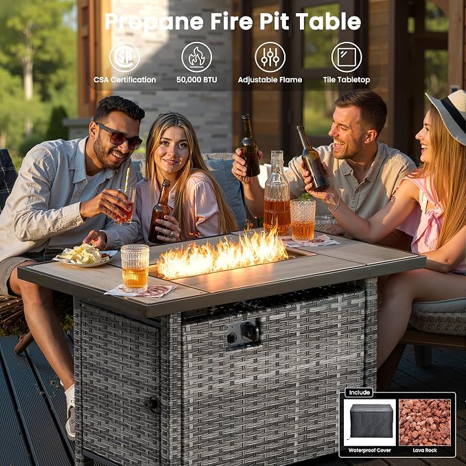 ovios 7 Pieces Patio Furniture Set with Rectangular Fire Pit Table, Swivel Rocking Chairs, Outdoor High Back Wicker Rattan Conversation Set for Deck Porch, Orange Red